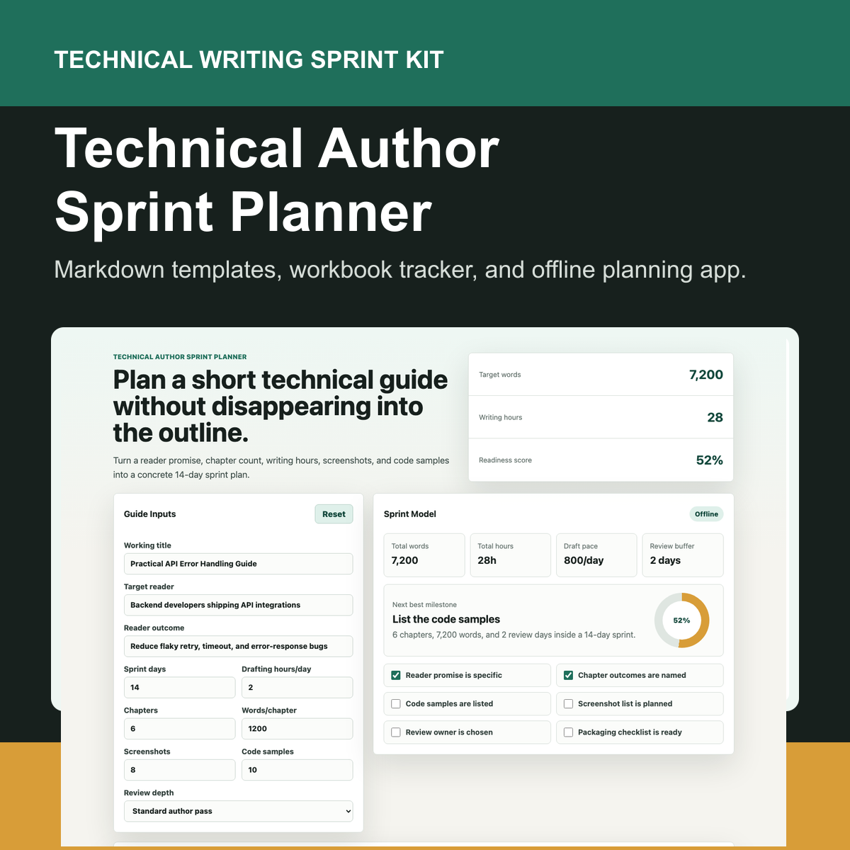 Technical Author Sprint Planner cover artwork showing the actual offline planner dashboard